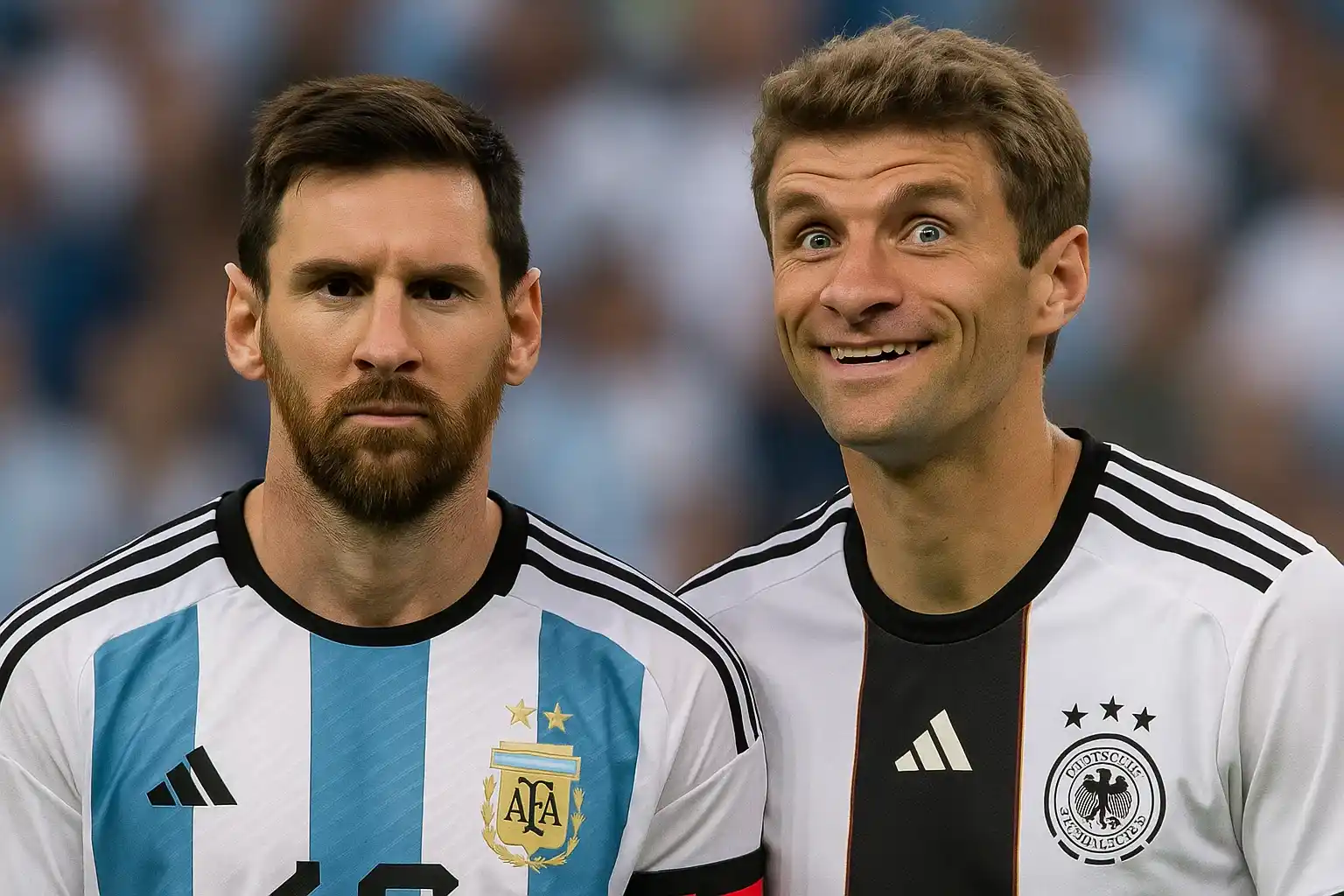 Thomas Muller thú nhận già rồi mới thấy Messi quá đỉnh 3 Messi nghiêm túc, Muller lại biến thành “cây hài”